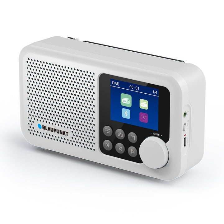 Draagbare radio van Blaupunkt, DAB+ digitale radio en FM-tuner, Bluetooth, hoofdtelefoonuitgang, 2,4 inch kleurenscherm, klok en alarmfunctie, werkt op batterij en is oplaadbaar via USB-C, DR8WH