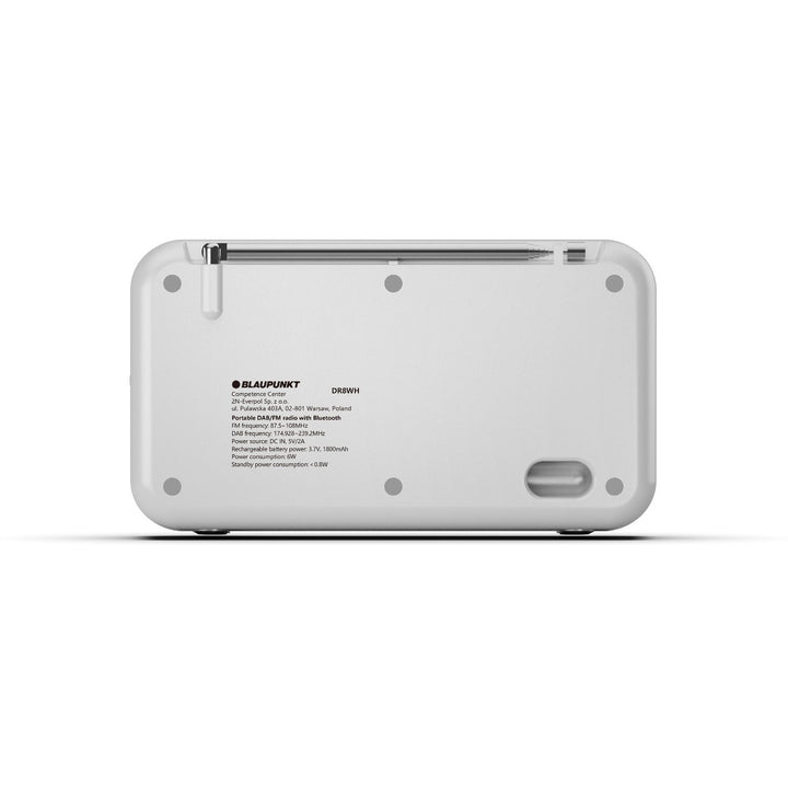 Draagbare radio van Blaupunkt, DAB+ digitale radio en FM-tuner, Bluetooth, hoofdtelefoonuitgang, 2,4 inch kleurenscherm, klok en alarmfunctie, werkt op batterij en is oplaadbaar via USB-C, DR8WH