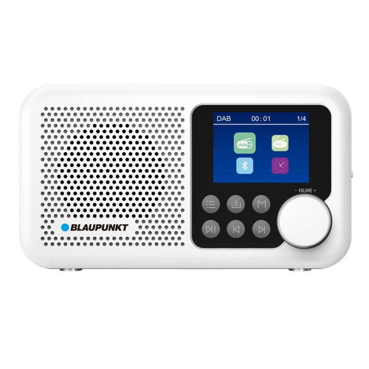 Draagbare radio van Blaupunkt, DAB+ digitale radio en FM-tuner, Bluetooth, hoofdtelefoonuitgang, 2,4 inch kleurenscherm, klok en alarmfunctie, werkt op batterij en is oplaadbaar via USB-C, DR8WH