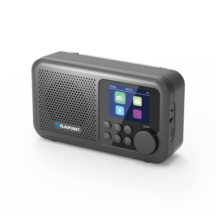 Draagbare radio van Blaupunkt, DAB+ digitale radio en FM-tuner, Bluetooth, hoofdtelefoonuitgang, 2,4 inch kleurenscherm, klok en alarmfunctie, werkt op batterij en is oplaadbaar via USB-C, DR8BK