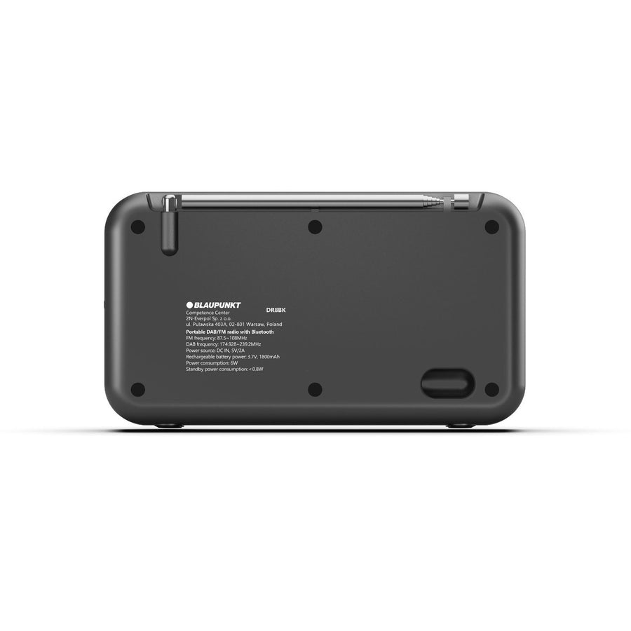 Draagbare radio van Blaupunkt, DAB+ digitale radio en FM-tuner, Bluetooth, hoofdtelefoonuitgang, 2,4 inch kleurenscherm, klok en alarmfunctie, werkt op batterij en is oplaadbaar via USB-C, DR8BK