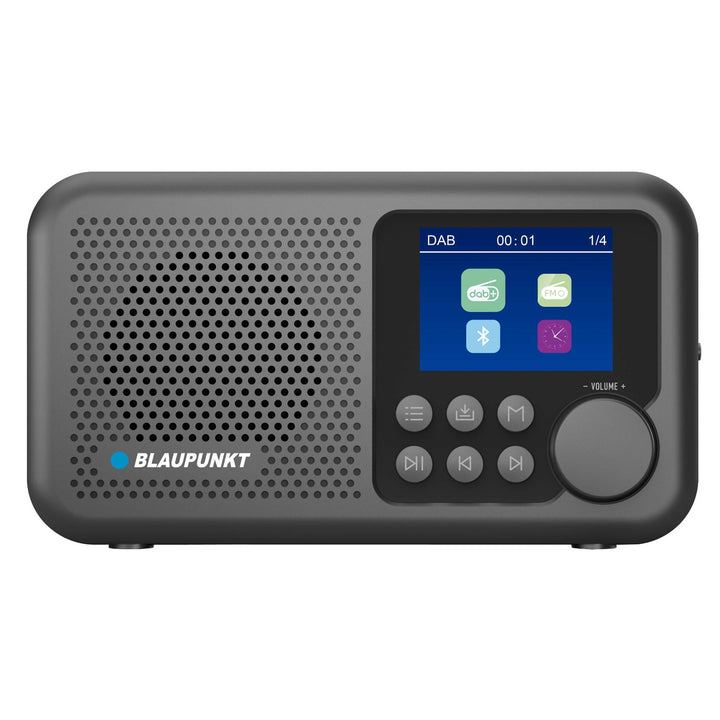 Draagbare radio van Blaupunkt, DAB+ digitale radio en FM-tuner, Bluetooth, hoofdtelefoonuitgang, 2,4 inch kleurenscherm, klok en alarmfunctie, werkt op batterij en is oplaadbaar via USB-C, DR8BK