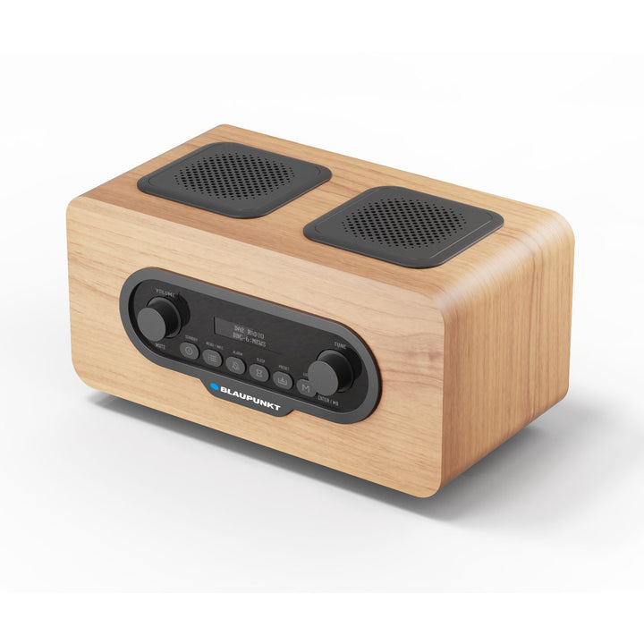 Draagbare radio van Blaupunkt, DAB+ digitale radio en FM-tuner, Bluetooth, hoofdtelefoonuitgang, USB- en microSD-speler, LCD-scherm, klok en alarmfunctie, voeding via oplaadbare USB-C-batterij, DR10CR