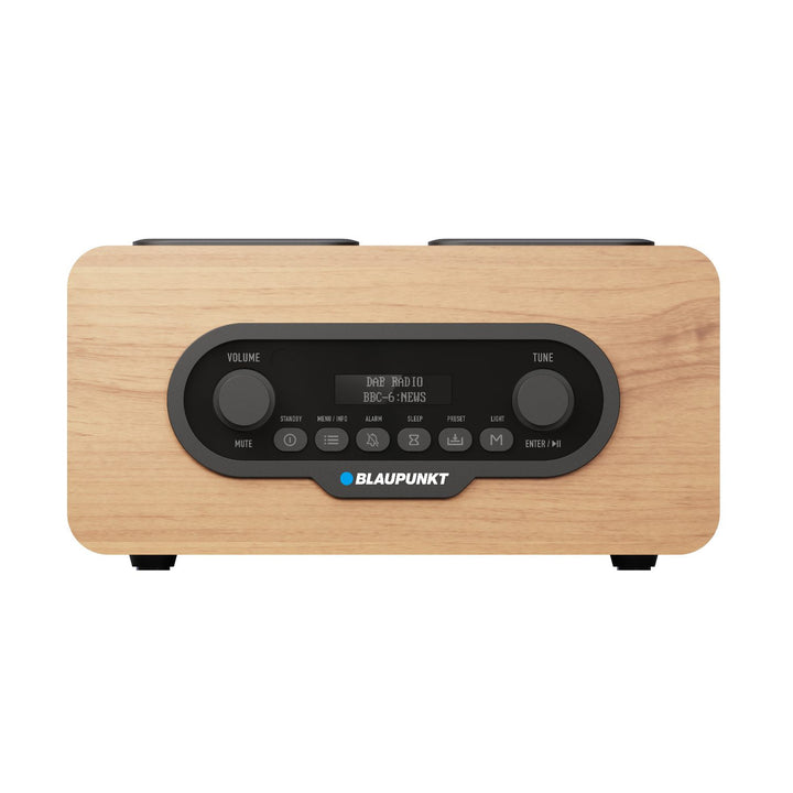 Draagbare radio van Blaupunkt, DAB+ digitale radio en FM-tuner, Bluetooth, hoofdtelefoonuitgang, USB- en microSD-speler, LCD-scherm, klok en alarmfunctie, voeding via oplaadbare USB-C-batterij, DR10CR