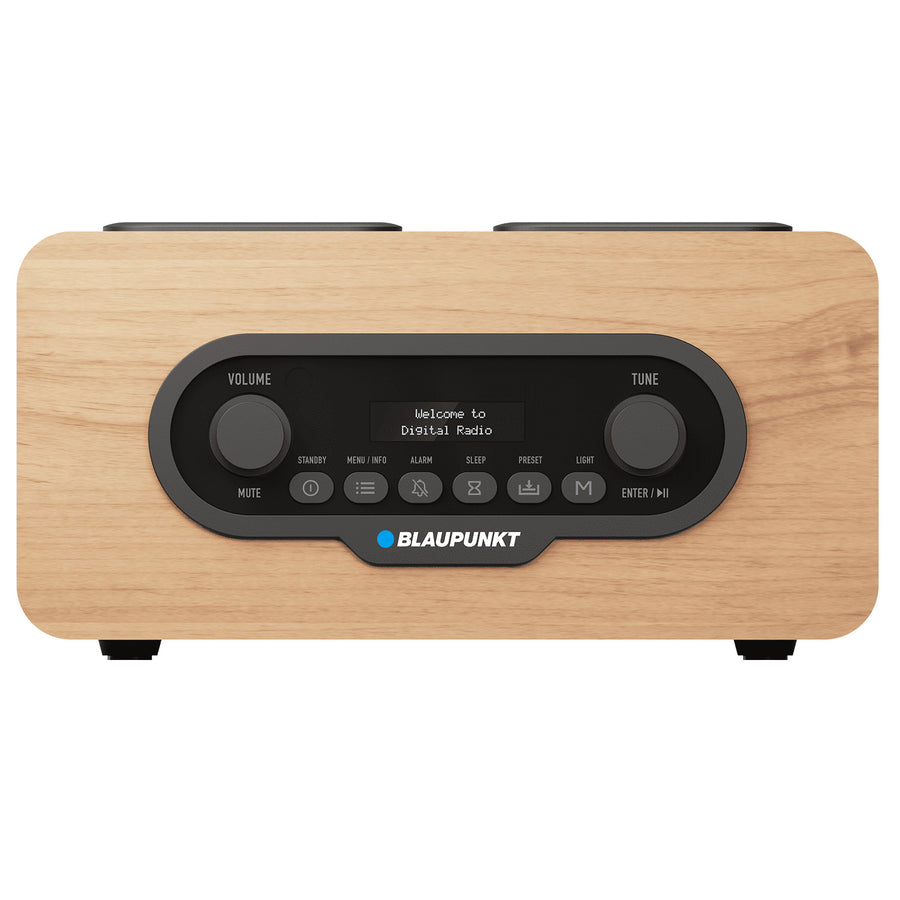 Draagbare radio van Blaupunkt, DAB+ digitale radio en FM-tuner, Bluetooth, hoofdtelefoonuitgang, USB- en microSD-speler, LCD-scherm, klok en alarmfunctie, voeding via oplaadbare USB-C-batterij, DR10CR
