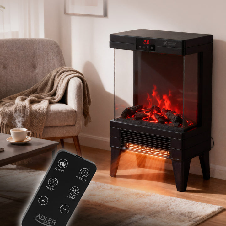 LED elektrische haard met afstandsbediening, 2 verwarmingsvermogens 1000W/2000W, thermostaat, Adler AD 7755