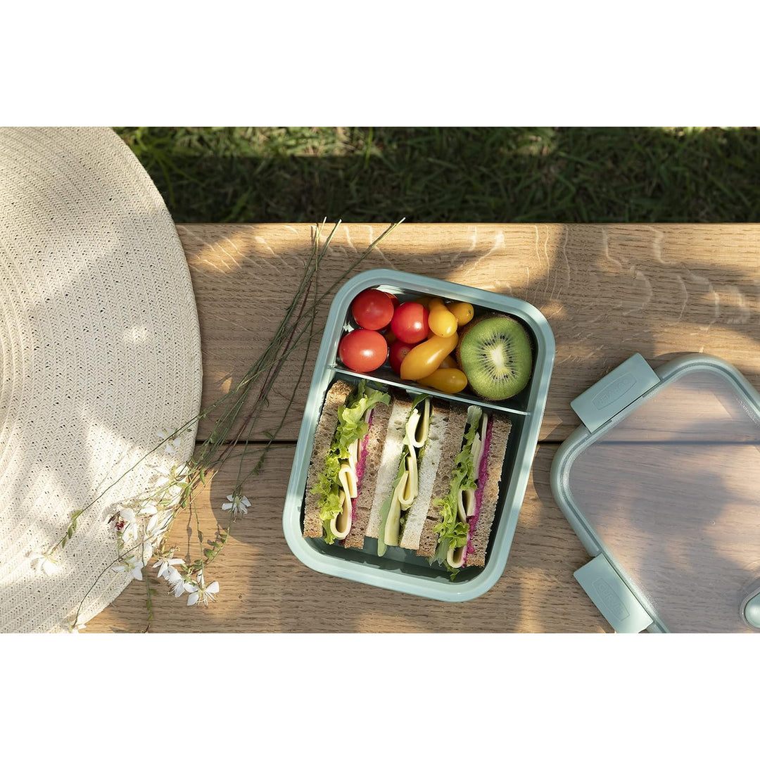 Dual Curver voedselcontainer, lekvrij deksel, ventiel in deksel, 100% gerecycled, kan gebruikt worden in magnetron, twee compartimenten 0,6L + 0,3L, 250000