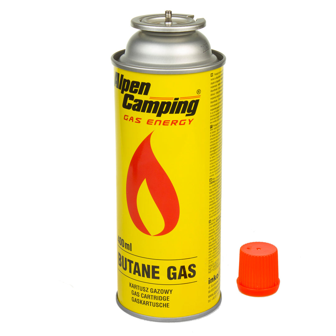 Gaspatroon 400ml Alpen Camping. Certificaat: Pi 0875, voldoet aan EN417, isobutaan, werkbereik -10°C tot + 40°C, IK004, 3 stuks.