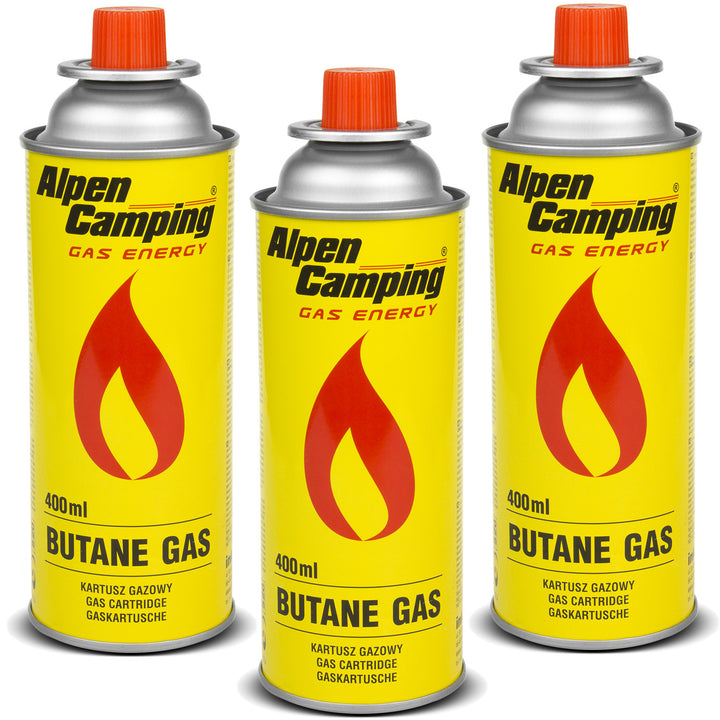 Gaspatroon 400ml Alpen Camping. Certificaat: Pi 0875, voldoet aan EN417, isobutaan, werkbereik -10°C tot + 40°C, IK004, 3 stuks.