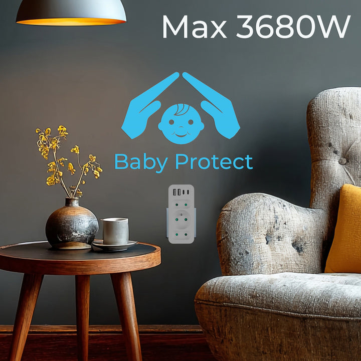 Stopcontact x3 + 4xUSB Maclean, 3-voudige splitter, 2xUSB A, 2xUSB C PD 20W, 1x16A + 2x6A, MCE248 F/W, 3 stuks