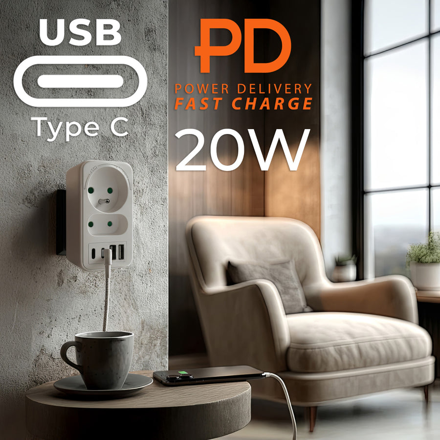 Maclean contactdoos x2 + 4xUSB, splitter met 2 contactdozen, 2xUSB A, 2xUSB C PD 20W, 1x16A + 1x6A, MCE249 F/W, 2 stuks
