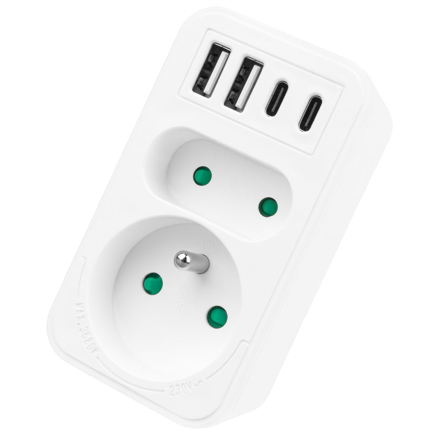 Maclean contactdoos x2 + 4xUSB, splitter met 2 contactdozen, 2xUSB A, 2xUSB C PD 20W, 1x16A + 1x6A, MCE249 F/W, 3 stuks