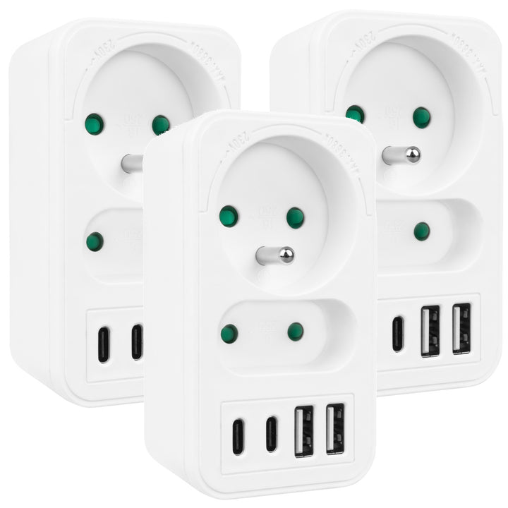 Maclean contactdoos x2 + 4xUSB, splitter met 2 contactdozen, 2xUSB A, 2xUSB C PD 20W, 1x16A + 1x6A, MCE249 F/W, 3 stuks