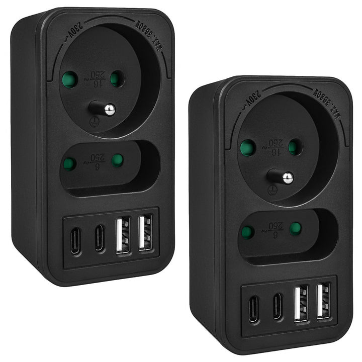 Maclean contactdoos x2 + 4xUSB, splitter met 2 contactdozen, 2xUSB A, 2xUSB C PD 20W, 1x16A + 1x6A, MCE249 F/B, 2 stuks