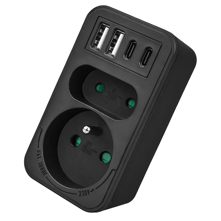 Maclean contactdoos x2 + 4xUSB, splitter met 2 contactdozen, 2xUSB A, 2xUSB C PD 20W, 1x16A + 1x6A, MCE249 F/B, 3 stuks