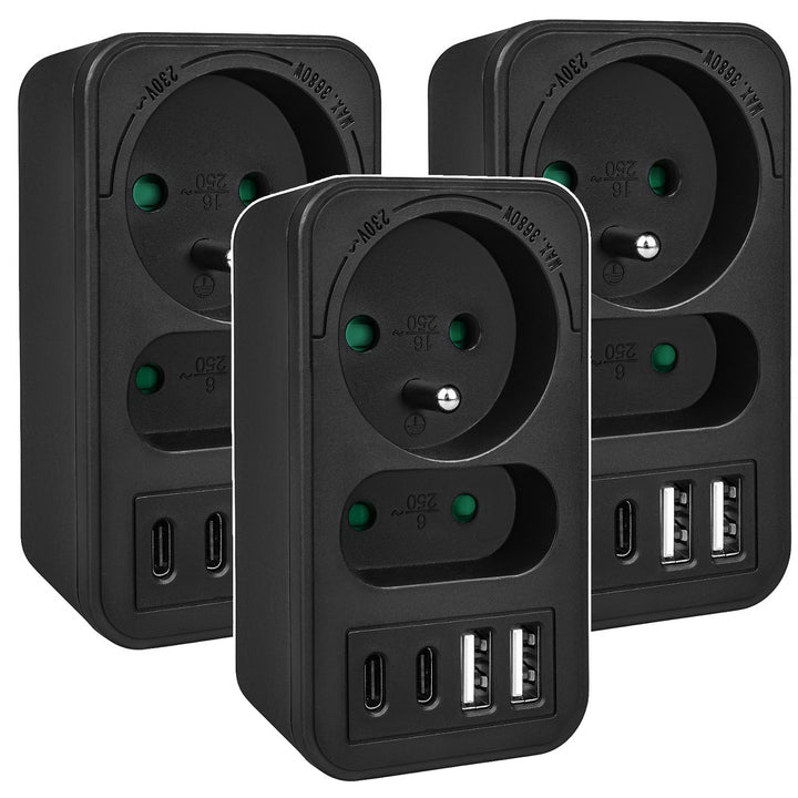 Maclean contactdoos x2 + 4xUSB, splitter met 2 contactdozen, 2xUSB A, 2xUSB C PD 20W, 1x16A + 1x6A, MCE249 F/B, 3 stuks
