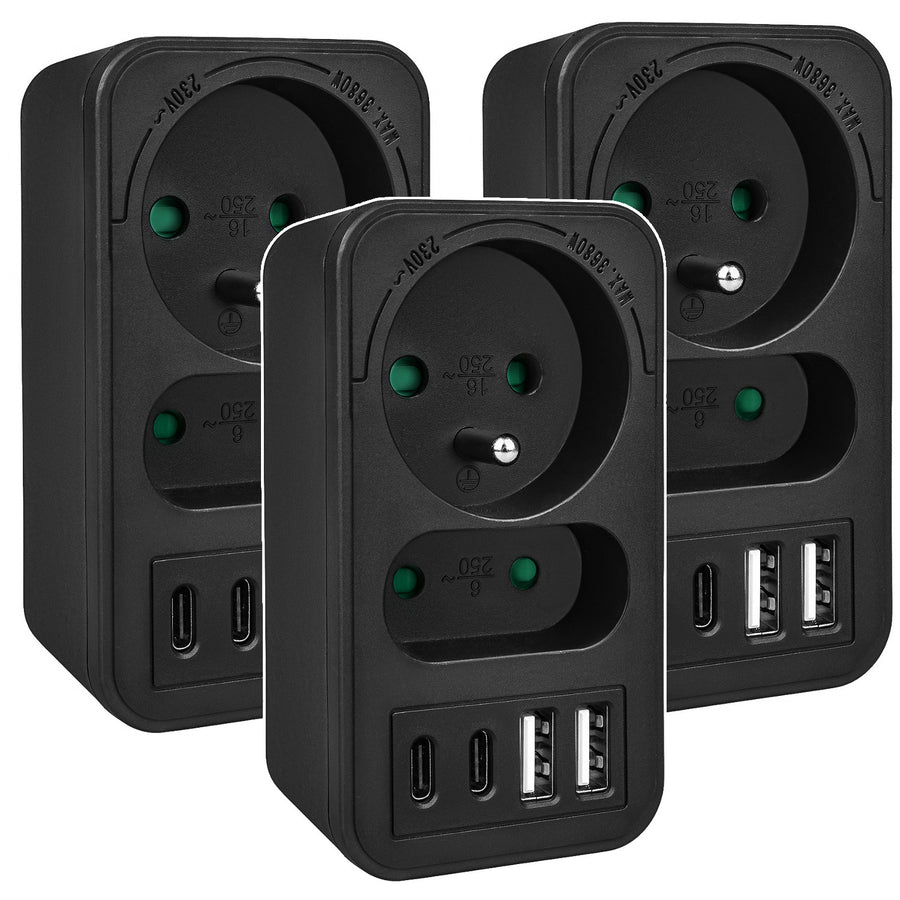 Maclean contactdoos x2 + 4xUSB, splitter met 2 contactdozen, 2xUSB A, 2xUSB C PD 20W, 1x16A + 1x6A, MCE249 F/B, 3 stuks