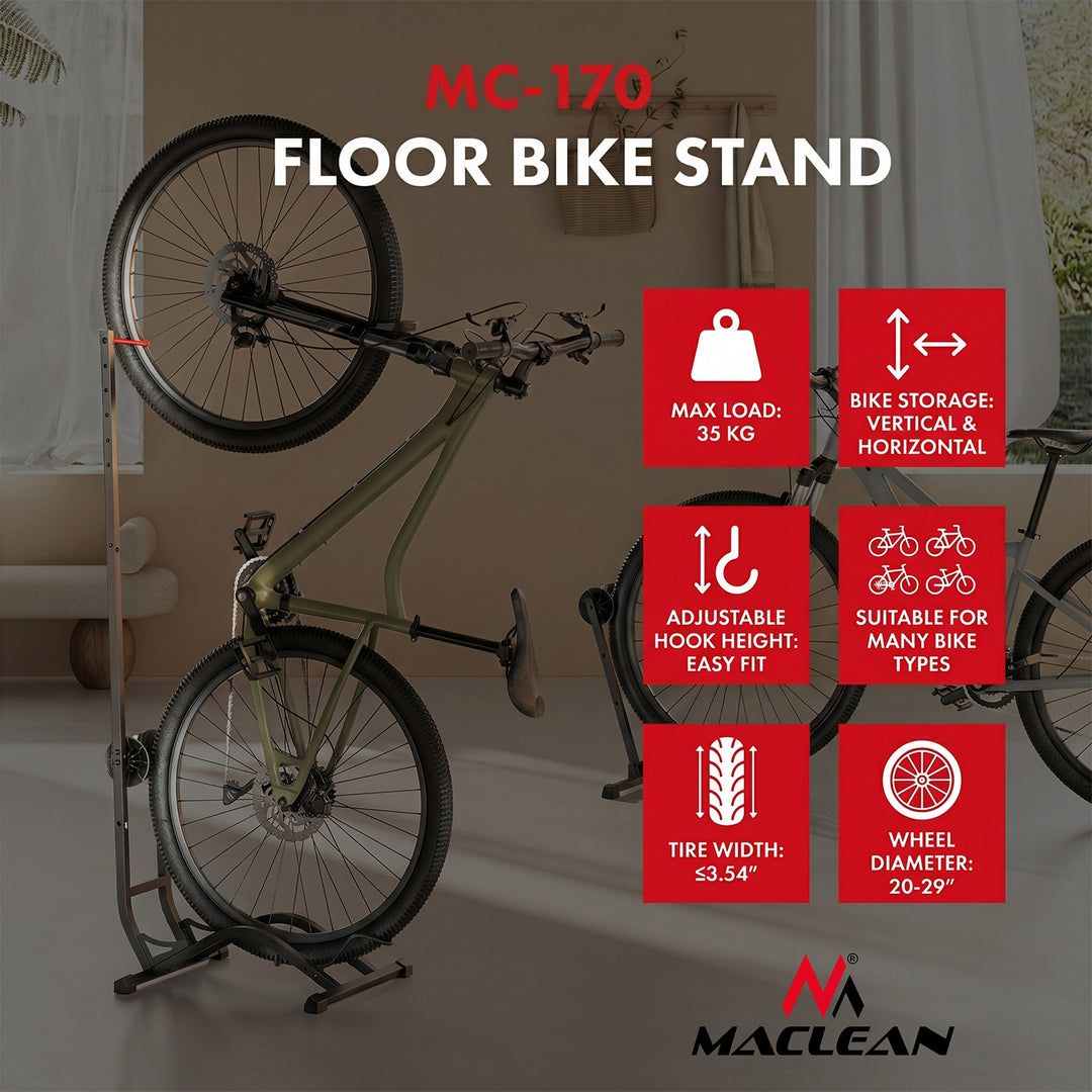 Maclean fietsstandaard, vrijstaand, horizontaal/verticaal, voor het stallen van fietsen, staal, max. belasting 35 kg, MC-170