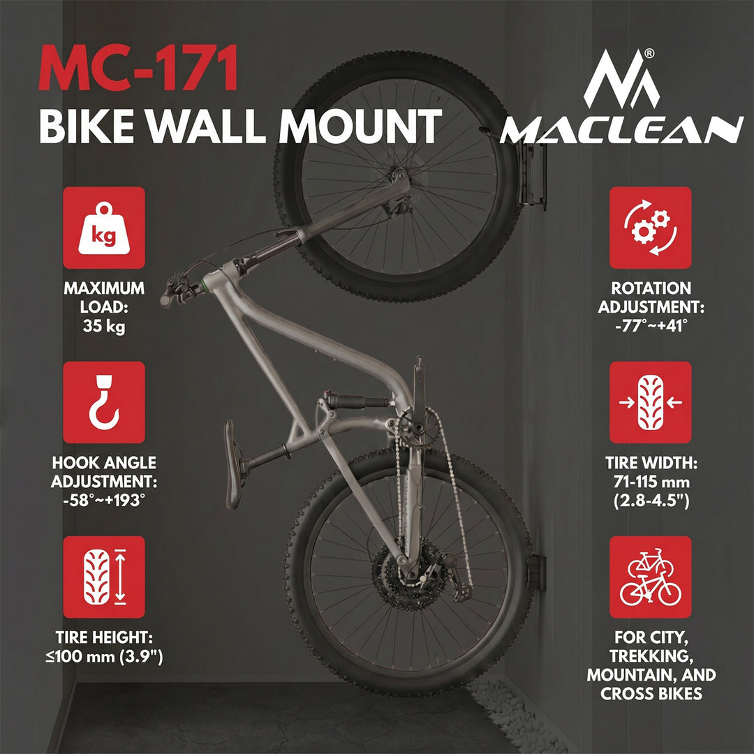 Maclean fietsrek / wandhouder, max. draagvermogen 35 kg, instelbare hellingshoek, staal, MC-171