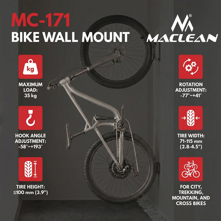 Maclean fietsrek / wandhouder, max. draagvermogen 35 kg, instelbare hellingshoek, staal, MC-171