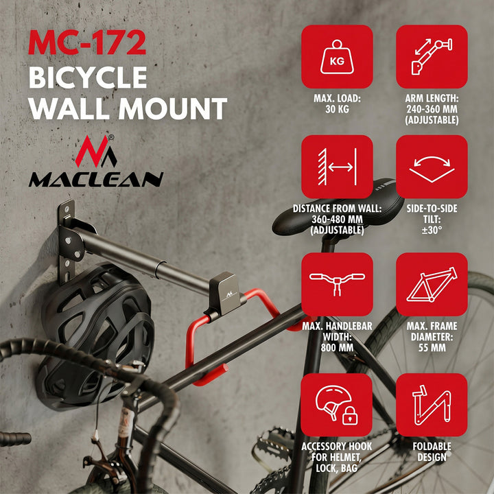 Maclean fietsrek / wandhouder, horizontaal, staal, max. belasting 30 kg, hoekverstelling, MC-172