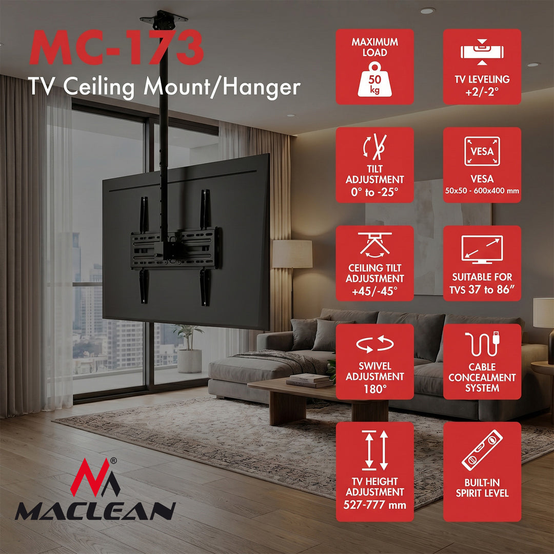 Plafondbeugel / -hanger voor tv's van Maclean, max. draagvermogen 50 kg, 37-86", max. VESA 600x400, MC-173