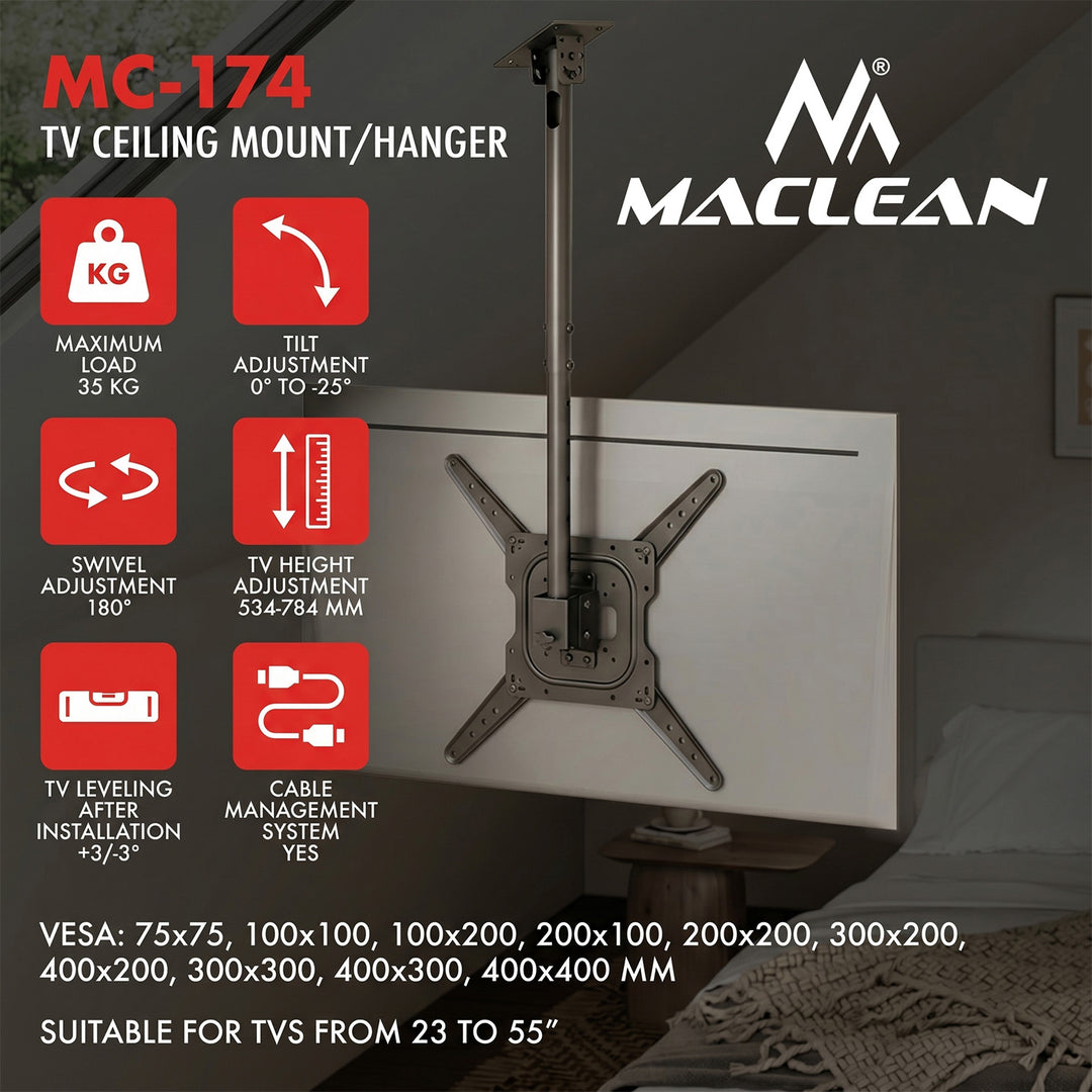 Plafondbeugel / -hanger voor tv's van Maclean, max. draagvermogen 35 kg, 23-55", max. VESA 400x400, MC-174