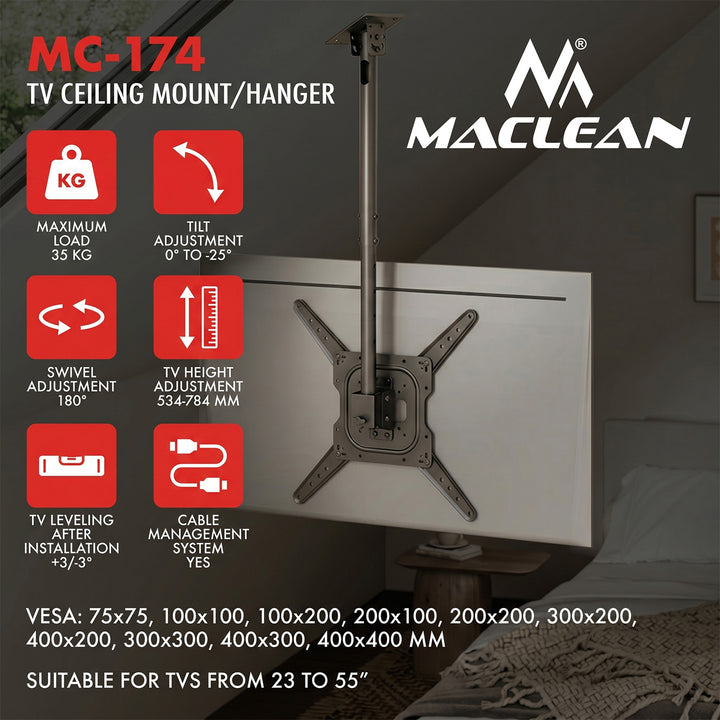 Plafondbeugel / -hanger voor tv's van Maclean, max. draagvermogen 35 kg, 23-55", max. VESA 400x400, MC-174
