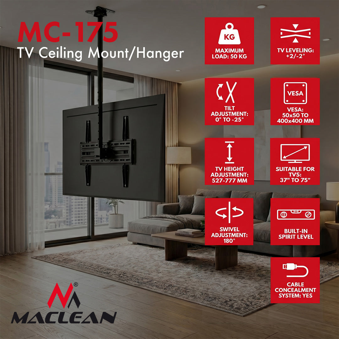 Plafondbeugel / -hanger voor tv's van Maclean, max. draagvermogen 50 kg, 37-75", max. VESA 400x400, MC-175
