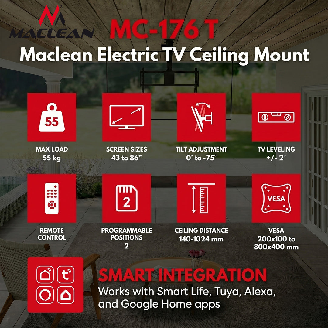 Maclean elektrische tv-beugel, voor montage aan het plafond, compatibel met Tuya, max. VESA 800x400, voor tv's van 43-86", max. 55 kg, MC-176 T