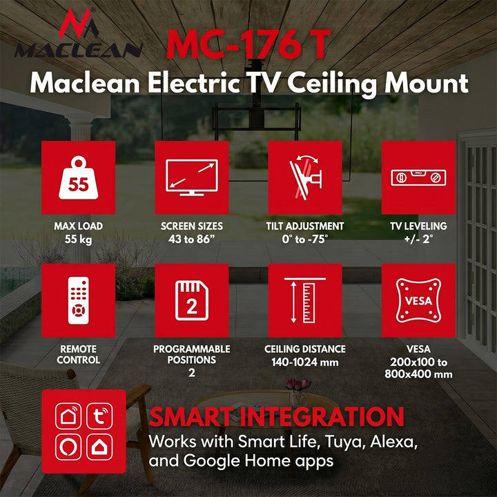 Maclean elektrische tv-beugel, voor montage aan het plafond, compatibel met Tuya, max. VESA 800x400, voor tv's van 43-86", max. 55 kg, MC-176 T