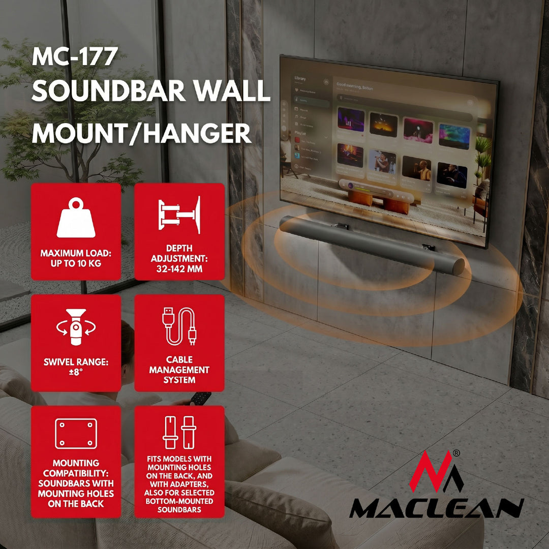 Wandbeugel / wandhouder voor Maclean-soundbar, hoekverstelling +8°~-8°, max. belasting 10 kg, van staal, MC-177