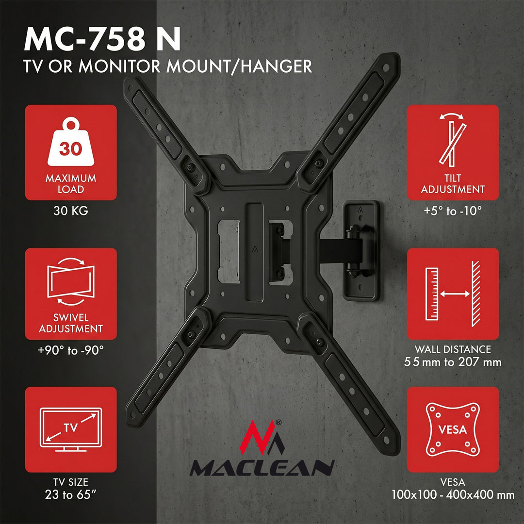 Maclean-beugel/hanger voor tv of monitor, max. 23-65", max. draagvermogen 30 kg, universeel, max. VESA 400x400, MC-758 N