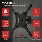 Maclean-beugel/hanger voor tv of monitor, max. 23-65", max. draagvermogen 30 kg, universeel, max. VESA 400x400, MC-758 N