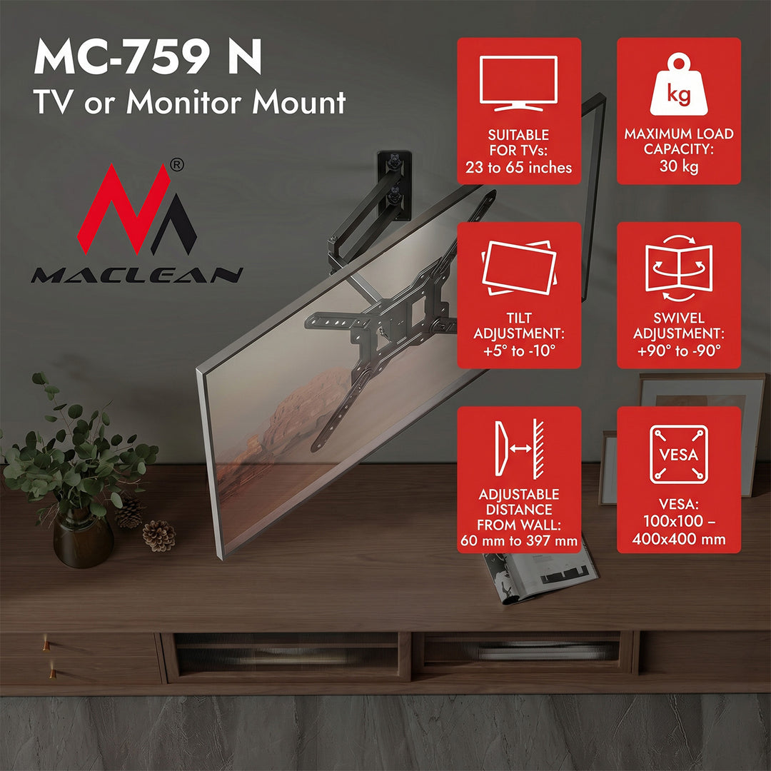Maclean-beugel/hanger voor tv of monitor, max. 23-65", max. draagvermogen 30 kg, universeel, max. VESA 400x400, MC-759 N
