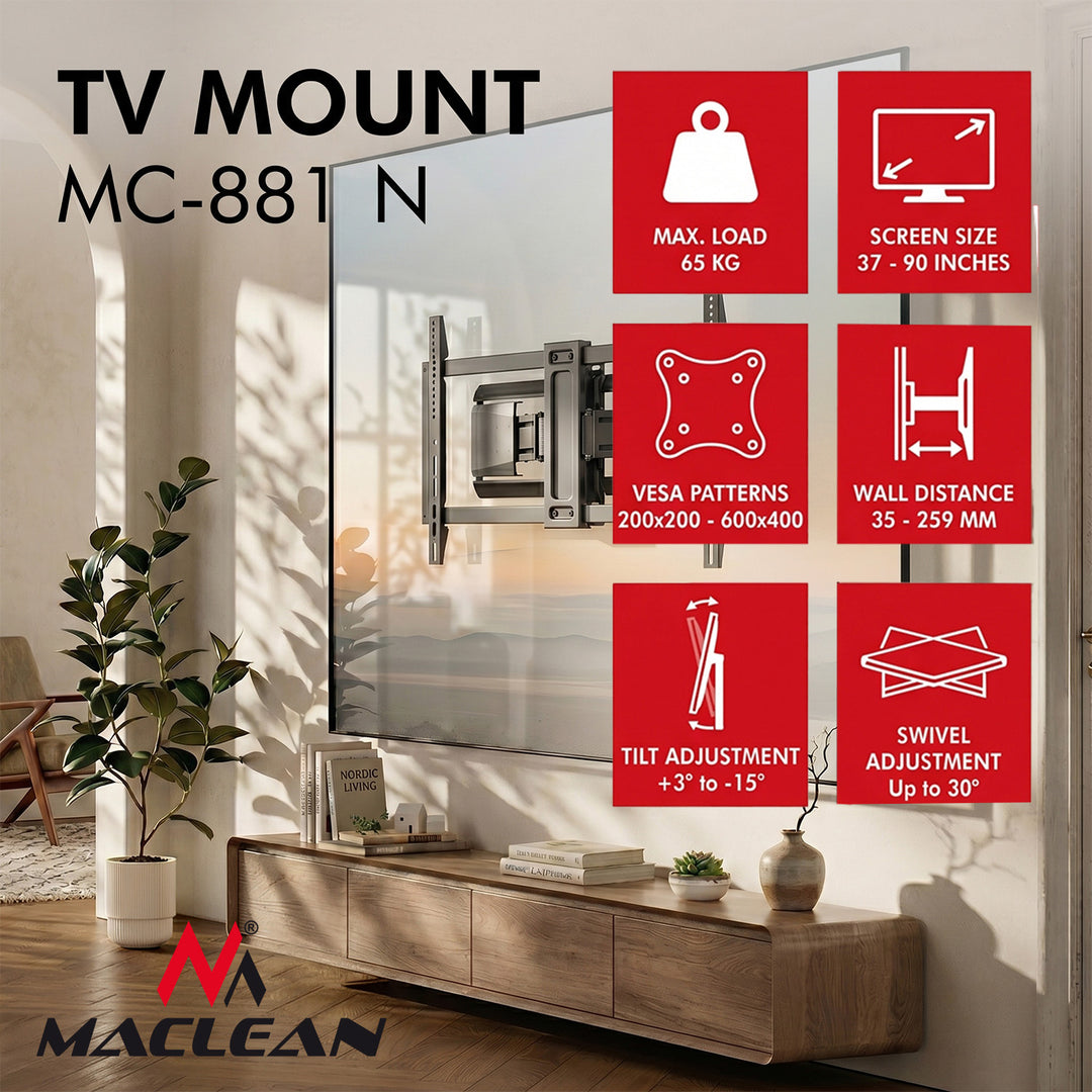 Maclean tv-beugel/hanger, max. VESA 600x400, 37-90", max. draagvermogen 65 kg, zwart, MC-881 N
