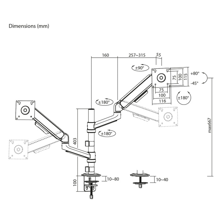 Ergo Office-houder/beugel voor 2 beeldschermen, gasveer, 17"-32", 1-10 kg, matzwart, ER-692 B