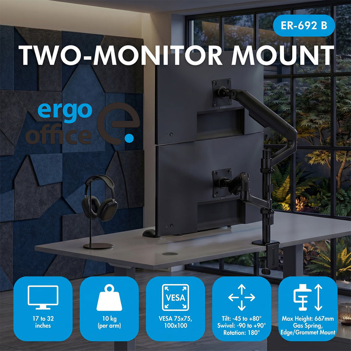 Ergo Office-houder/beugel voor 2 beeldschermen, gasveer, 17"-32", 1-10 kg, matzwart, ER-692 B