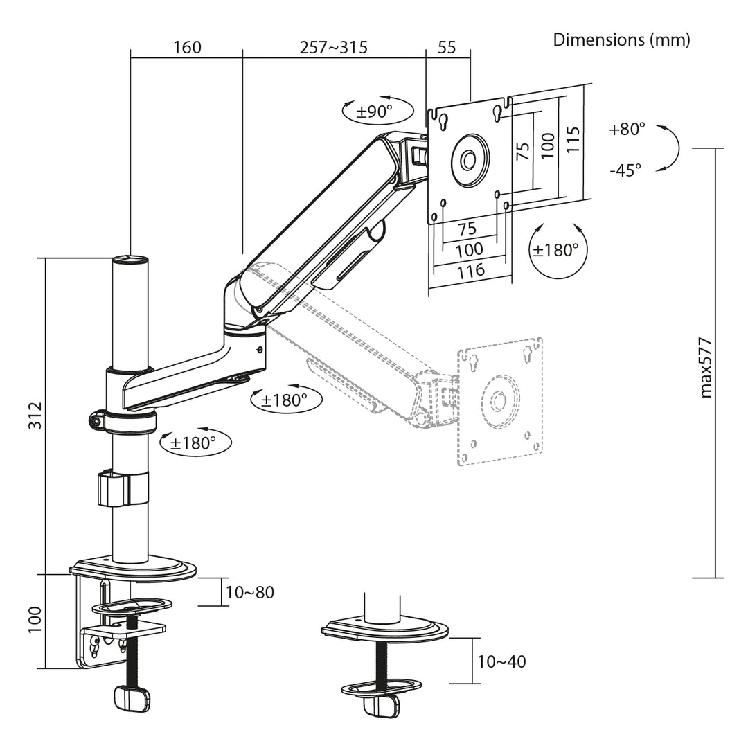 Ergo Office-monitorbeugel/hanger, gasveer, 17"-32", 1-10 kg, matzwart, max. VESA 100x100, ER-691 B