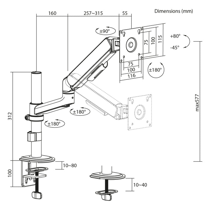 Ergo Office-monitorbeugel/hanger, gasveer, 17"-32", 1-10 kg, matzwart, max. VESA 100x100, ER-691 B