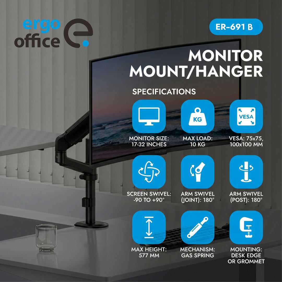 Ergo Office-monitorbeugel/hanger, gasveer, 17"-32", 1-10 kg, matzwart, max. VESA 100x100, ER-691 B