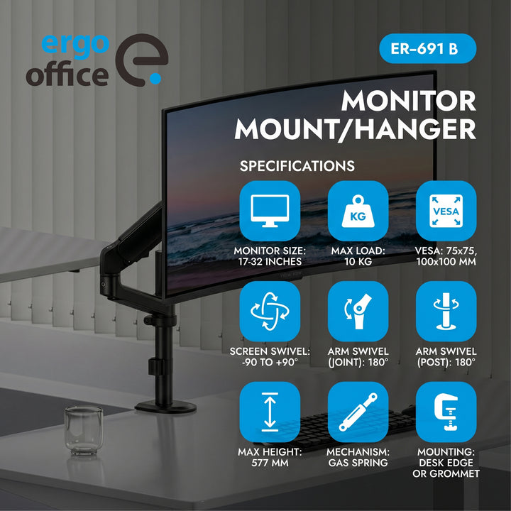 Ergo Office-monitorbeugel/hanger, gasveer, 17"-32", 1-10 kg, matzwart, max. VESA 100x100, ER-691 B