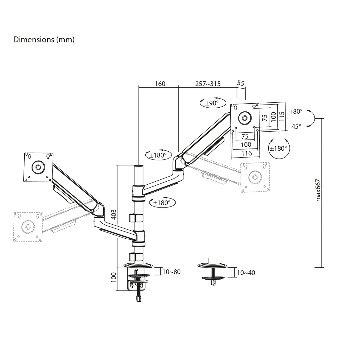 Ergo Office-beugel/houder voor 2 monitoren, gasveer, 17"-32", 1-10 kg, matwit, ER-692 W