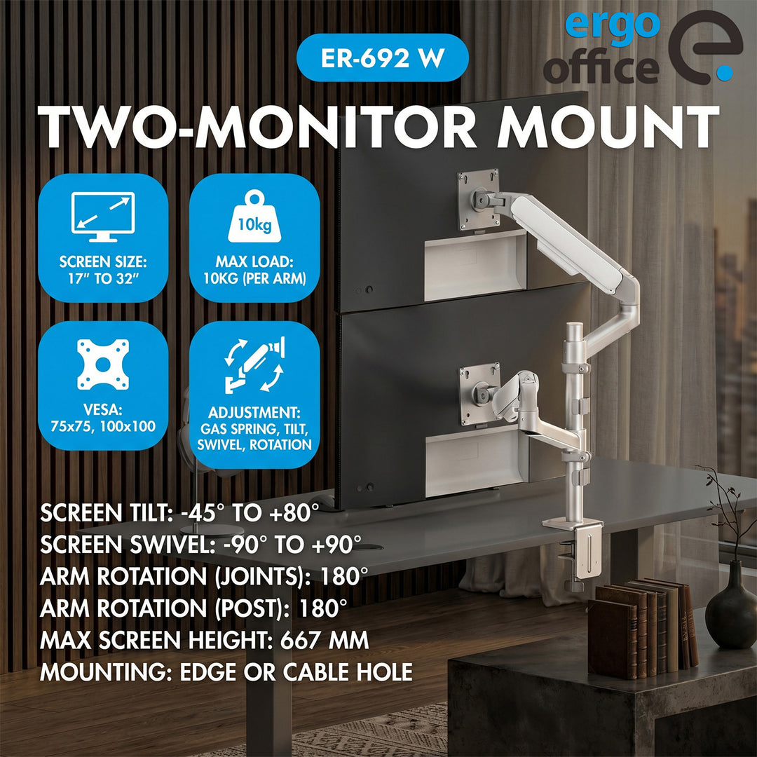 Ergo Office-beugel/houder voor 2 monitoren, gasveer, 17"-32", 1-10 kg, matwit, ER-692 W