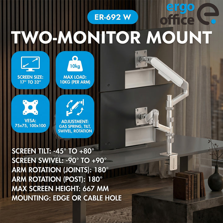 Ergo Office-beugel/houder voor 2 monitoren, gasveer, 17"-32", 1-10 kg, matwit, ER-692 W