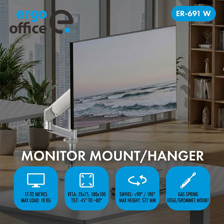 Ergo Office-monitorhouder/-beugel, gasveer, 17"-32", 1-10 kg, matwit, max. VESA 100x100, ER-691 W