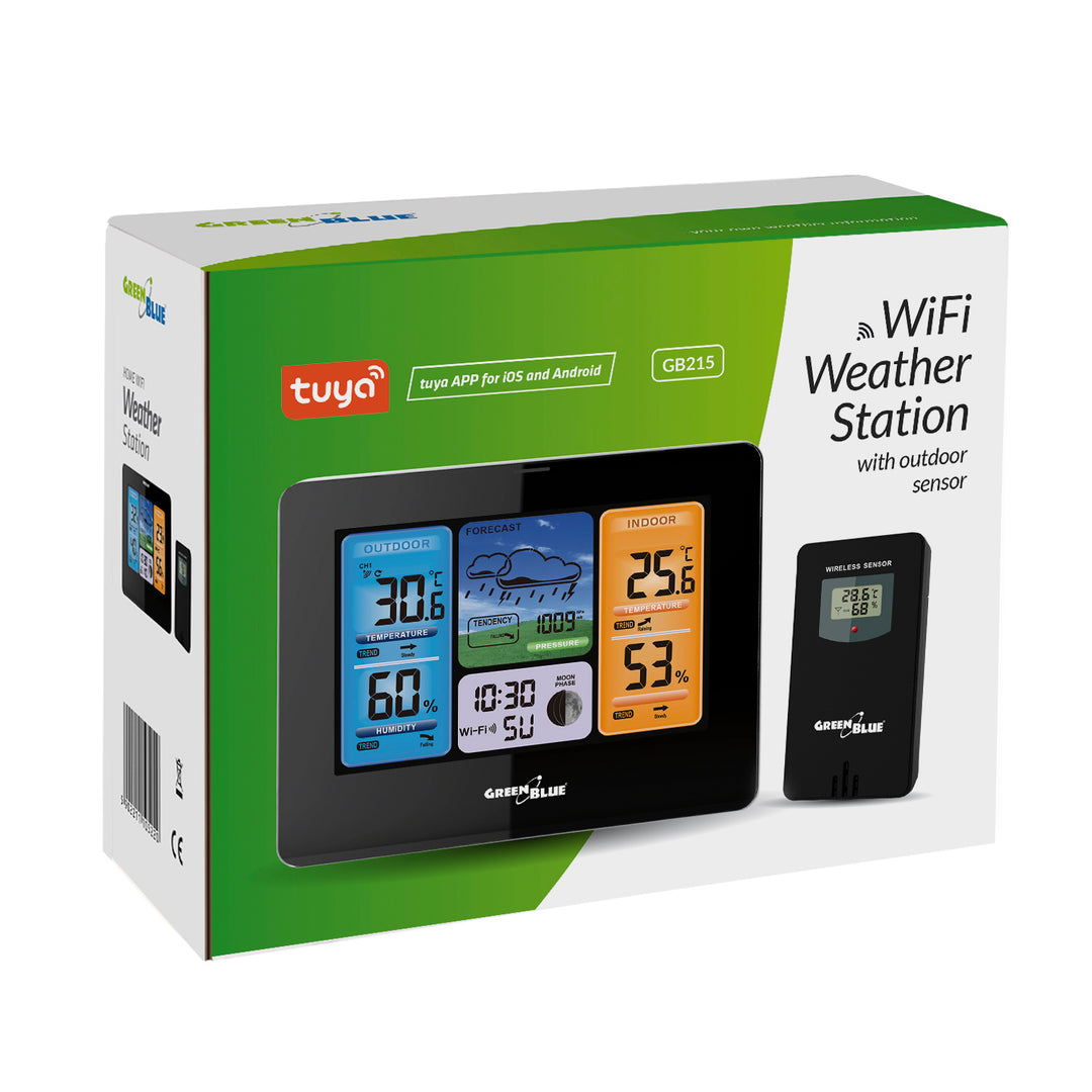 GreenBlue WiFi weerstation, TUYA-compatibel, buitensensor, kalender, weersvoorspelling, barometer, voedingsadapter, batterijen, GB215