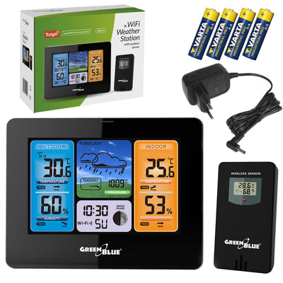 GreenBlue WiFi weerstation, TUYA-compatibel, buitensensor, kalender, weersvoorspelling, barometer, voedingsadapter, batterijen, GB215