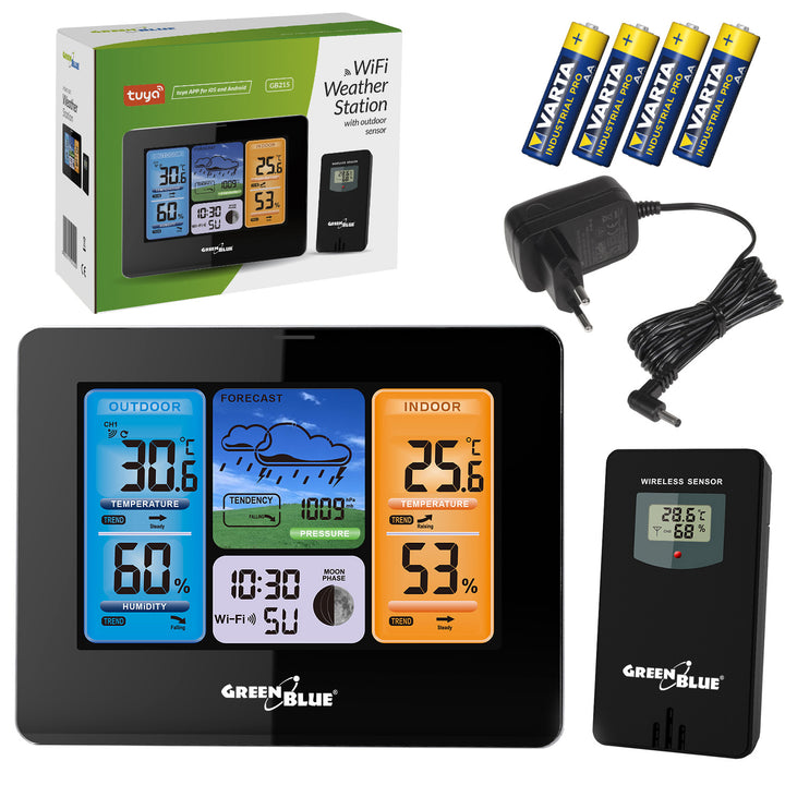 GreenBlue WiFi weerstation, TUYA-compatibel, buitensensor, kalender, weersvoorspelling, barometer, voedingsadapter, batterijen, GB215