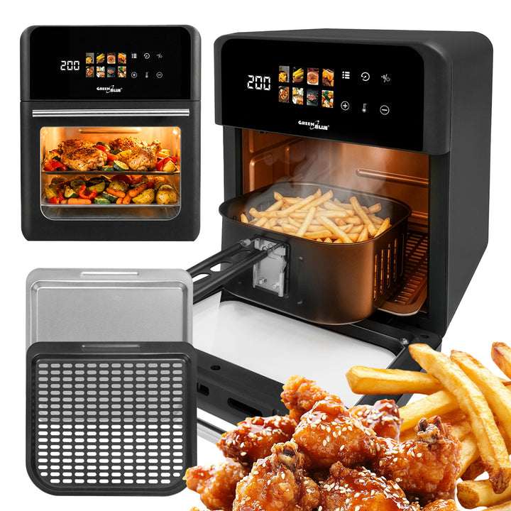 GreenBlue AIR FRYER vetvrije friteuse, krachtig 1800 W, inhoud 10 l, 8 programma’s, accessoires, timer, GB950